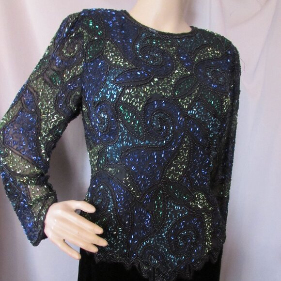 SALE Sparkly Special Event Beaded Top Swirly Blue Green Black - Picture 3 of 11